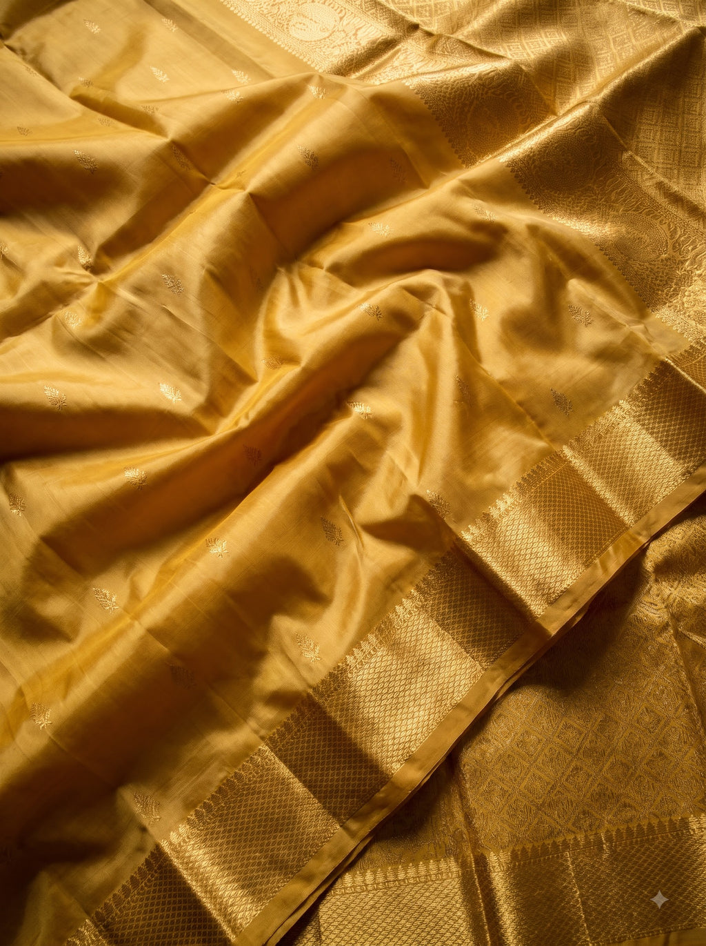 Mustard Gold Silk Saree with Zari Border and Butta Motifs