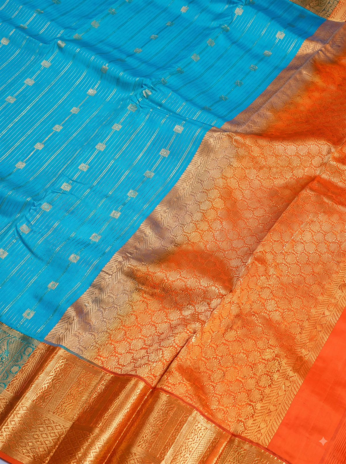 Turquoise Blue Silk Saree with Antique Gold Zari Border