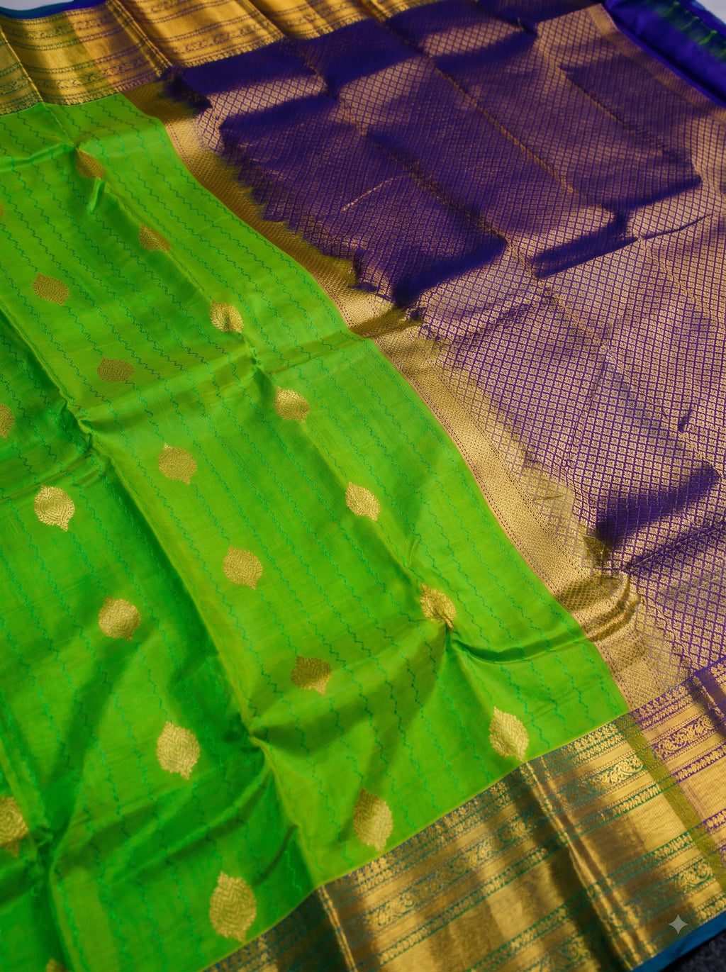 Lime Green Silk Saree with Royal Blue Zari Border