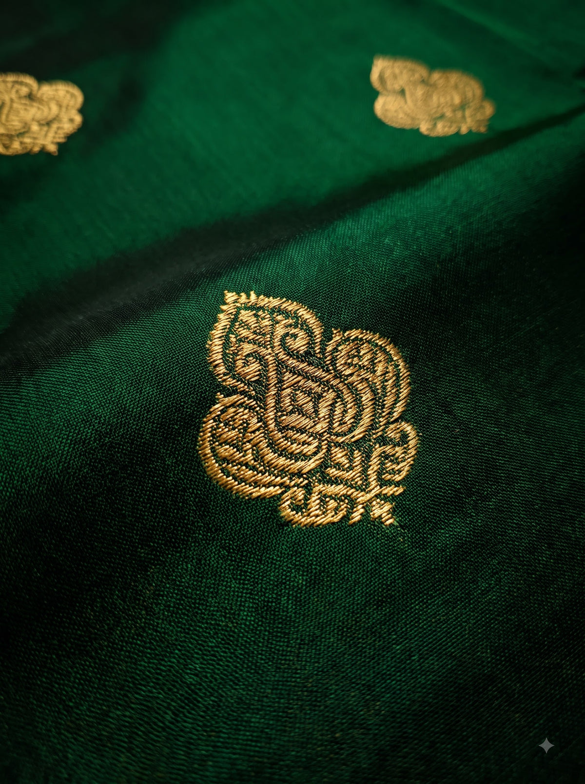 Bottle Green Silk Saree with Maroon Zari Border and Traditional Pallu