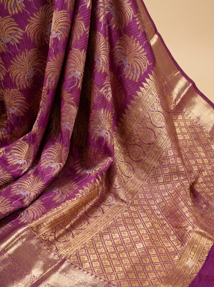 Pureple Brocade Silk with Silver Zari Design Big Border
