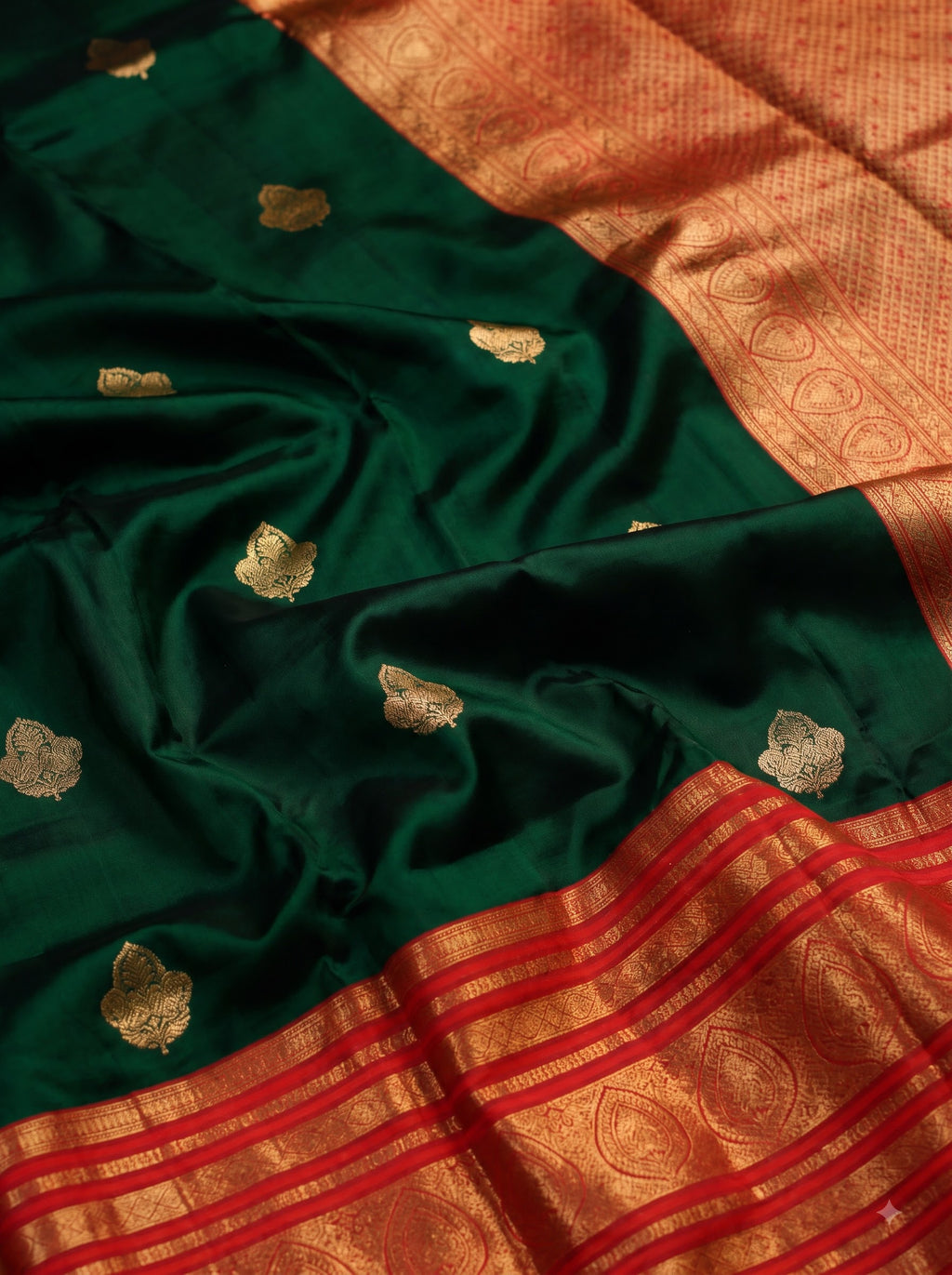 Bottle Green Silk Saree with Maroon Zari Border and Traditional Pallu