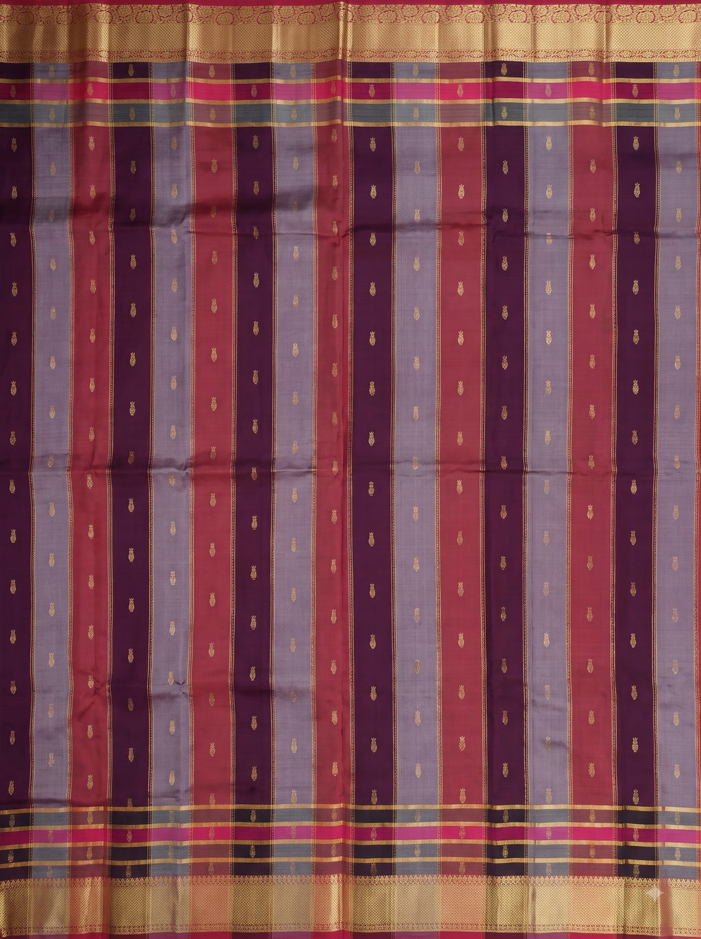 Tri-Colour Black Chiniya Silk Gold Zari Checked Saree.