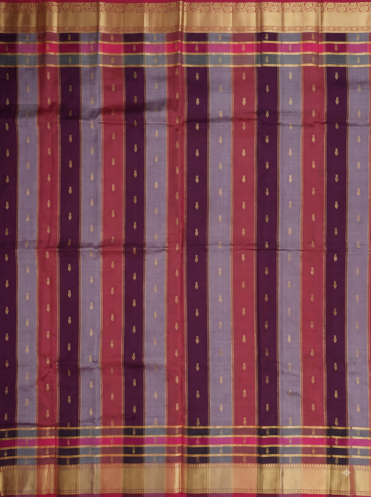 Tri-Colour Black Chiniya Silk Gold Zari Checked Saree.