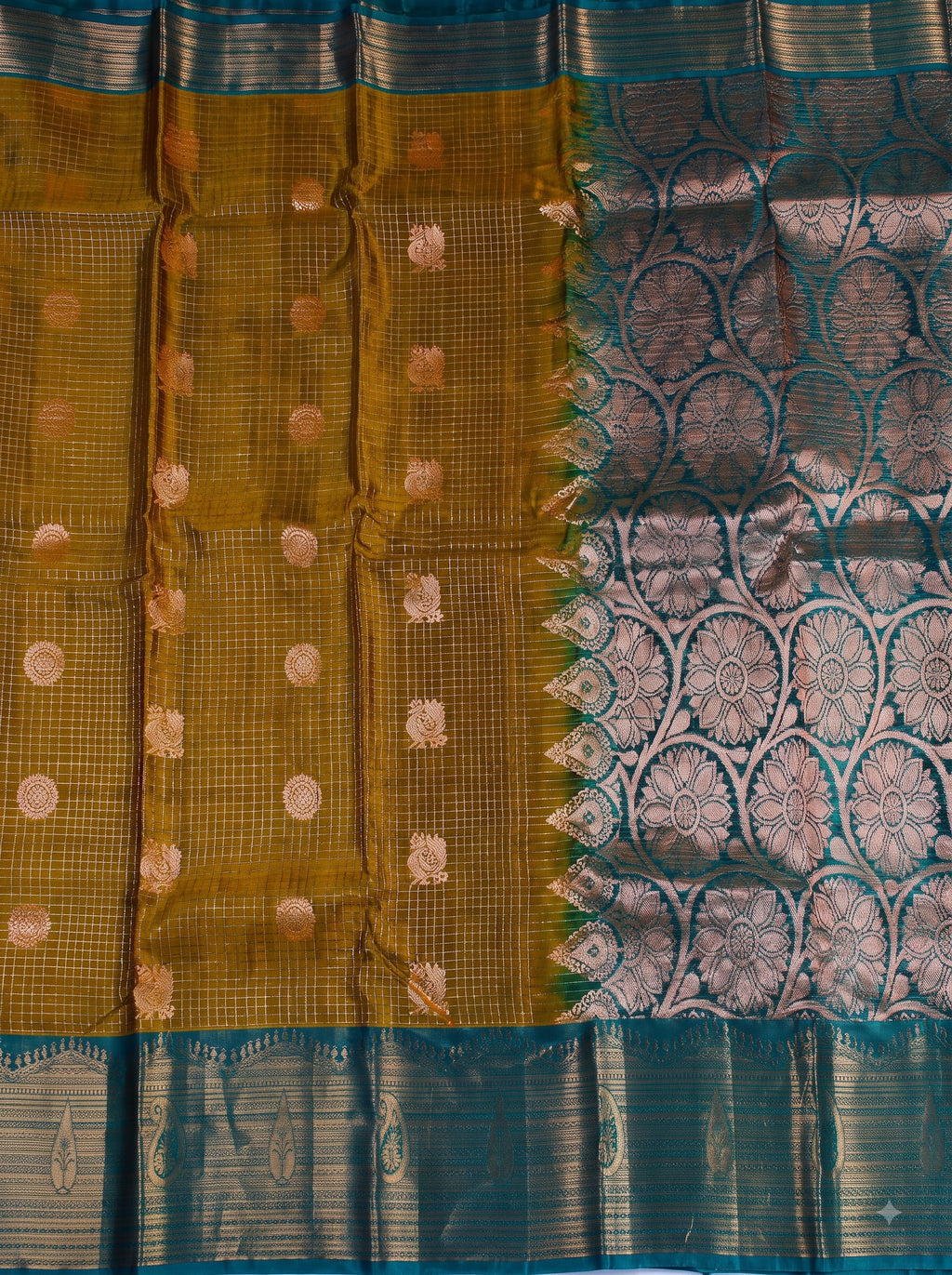 Olive Green Silk Saree with Teal Zari Border