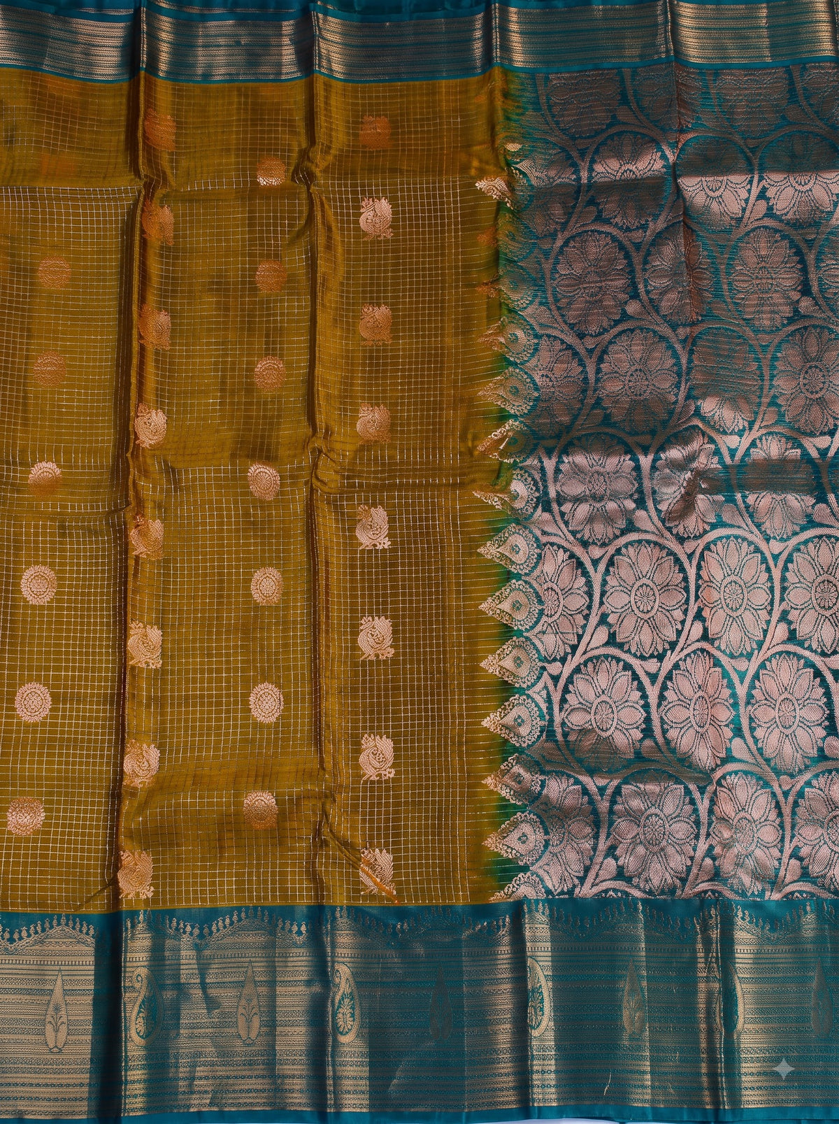Olive Green Silk Saree with Teal Zari Border