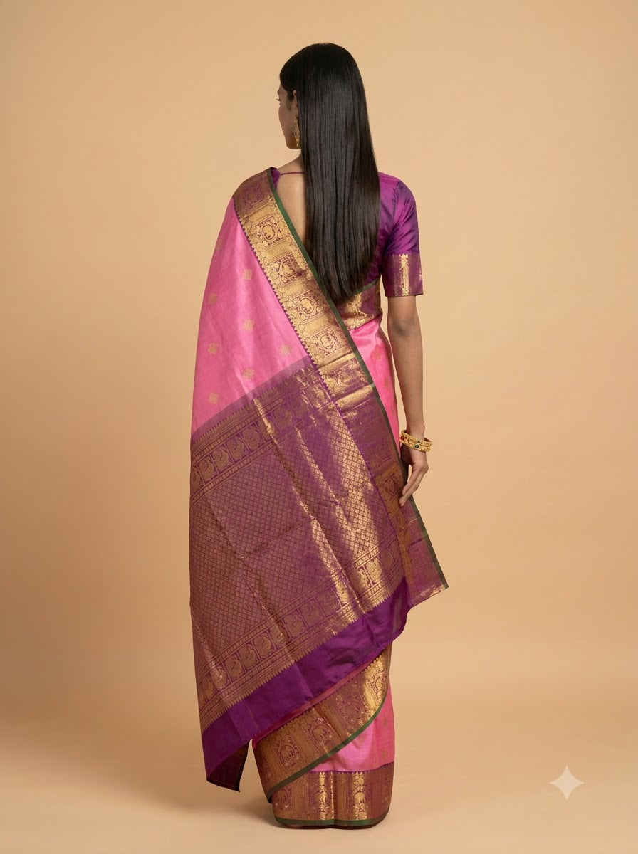 Rani Pink Silk Saree with Antique Gold Zari Pallu