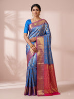 Blue Traditional Brocade Silk Saree with Antique Gold Floral Weave