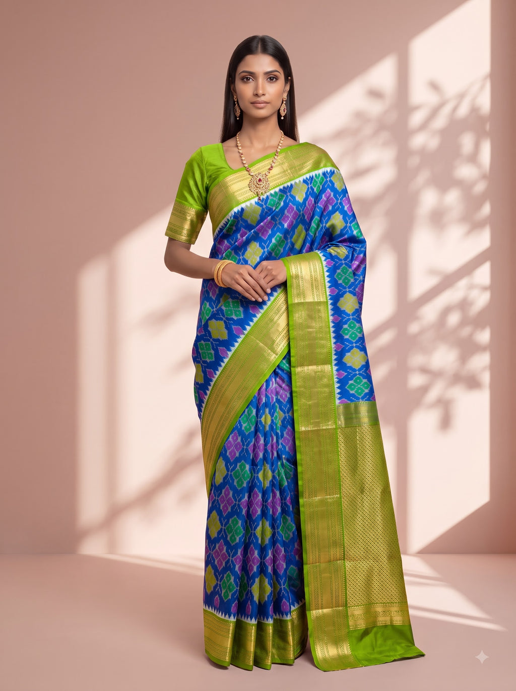 Blue and Lime Green Multicolour Gold Zari Woven Chiniya Silk Saree