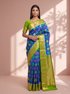Blue and Lime Green Multicolour Gold Zari Woven Chiniya Silk Saree