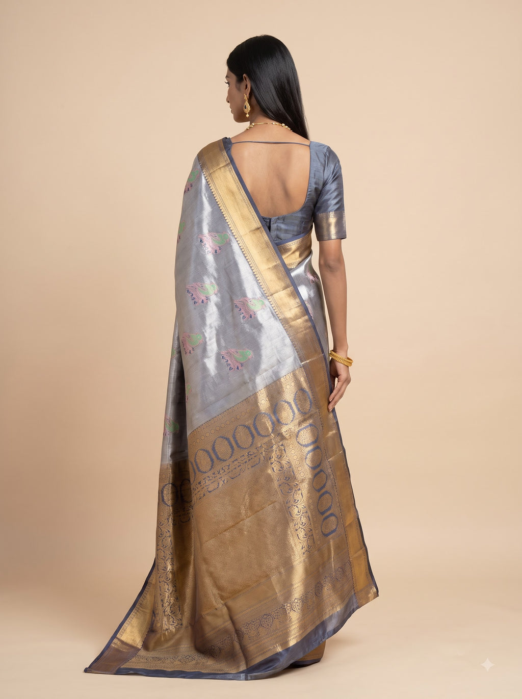 Dark blue, Antique Gold, Pink and Green Floral Zari Woven Semi Kanchivaram Silk Saree