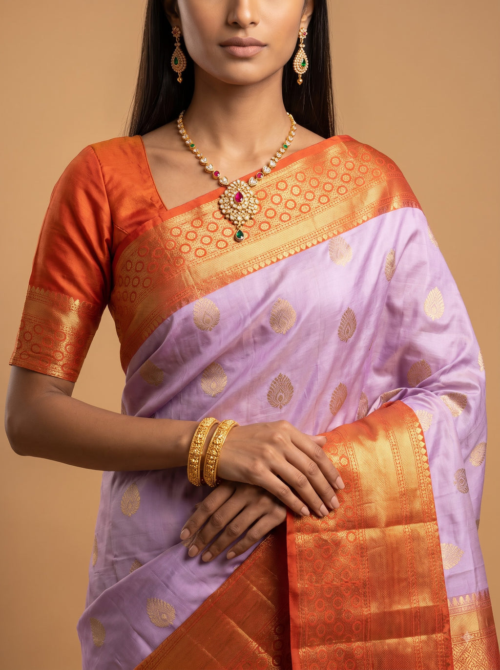 Lavender & Rust Orange Floral Zari Silk Saree
