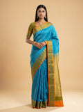 Turquoise Blue Kanjeevaram Silk Saree with Gold Zari Border