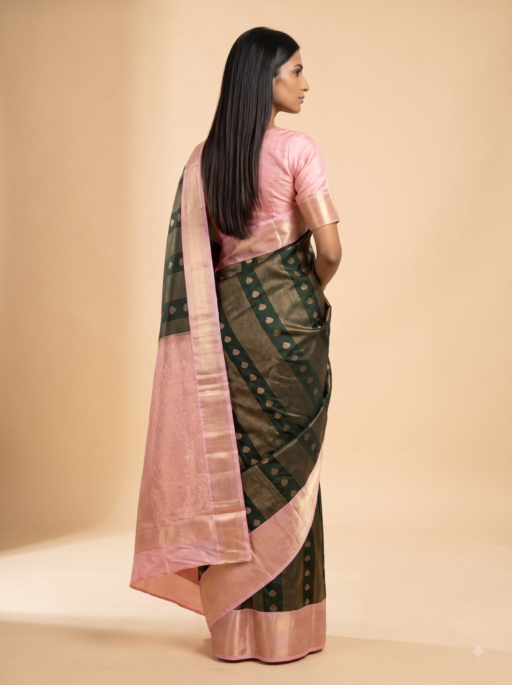 Bottle Green Semi Silk Saree with Pink Border