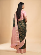 Bottle Green Semi Silk Saree with Pink Border