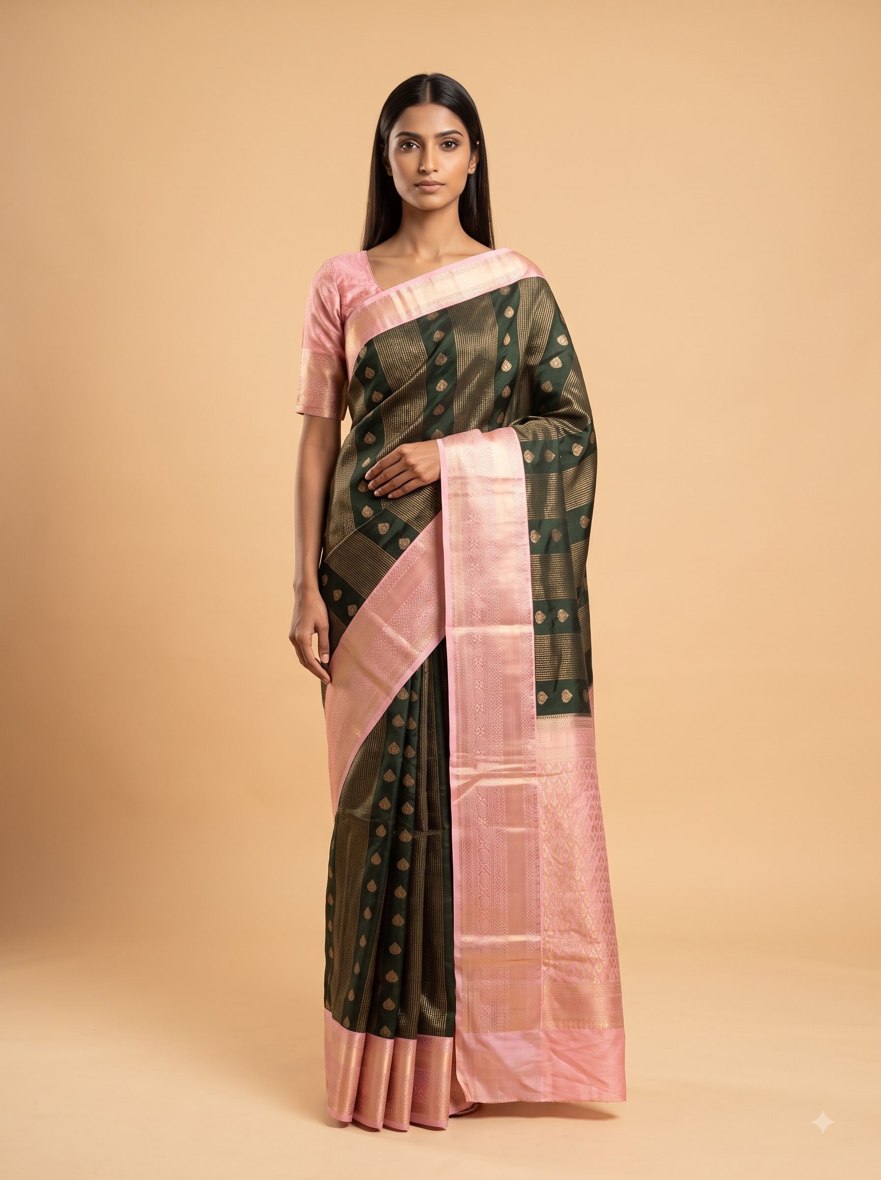 Bottle Green Semi Silk Saree with Pink Border