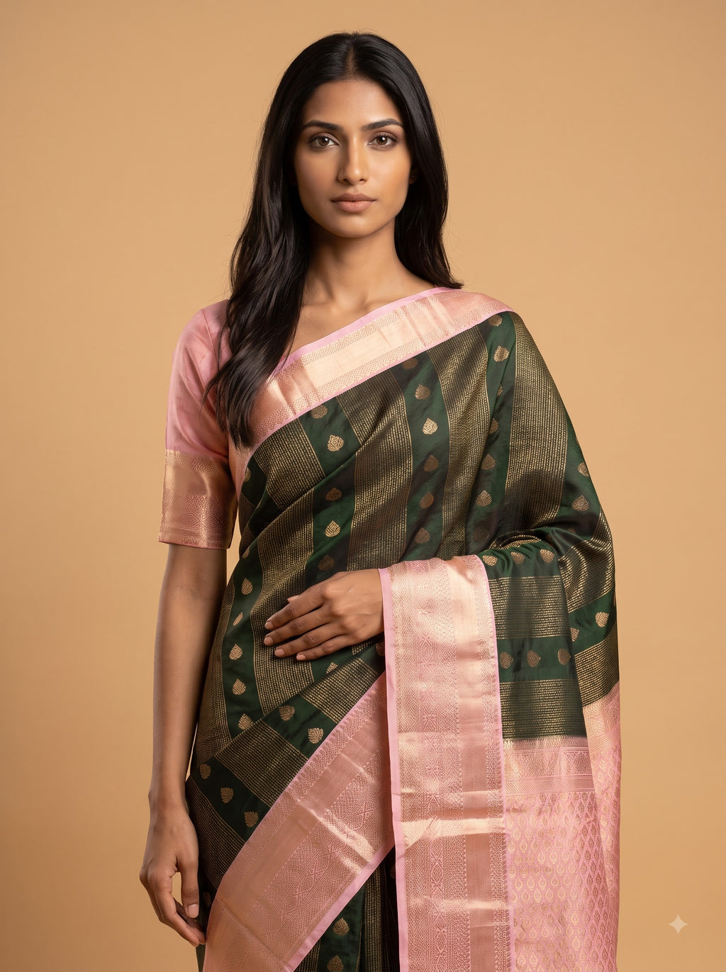 Bottle Green Semi Silk Saree with Pink Border