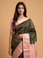 Bottle Green Semi Silk Saree with Pink Border