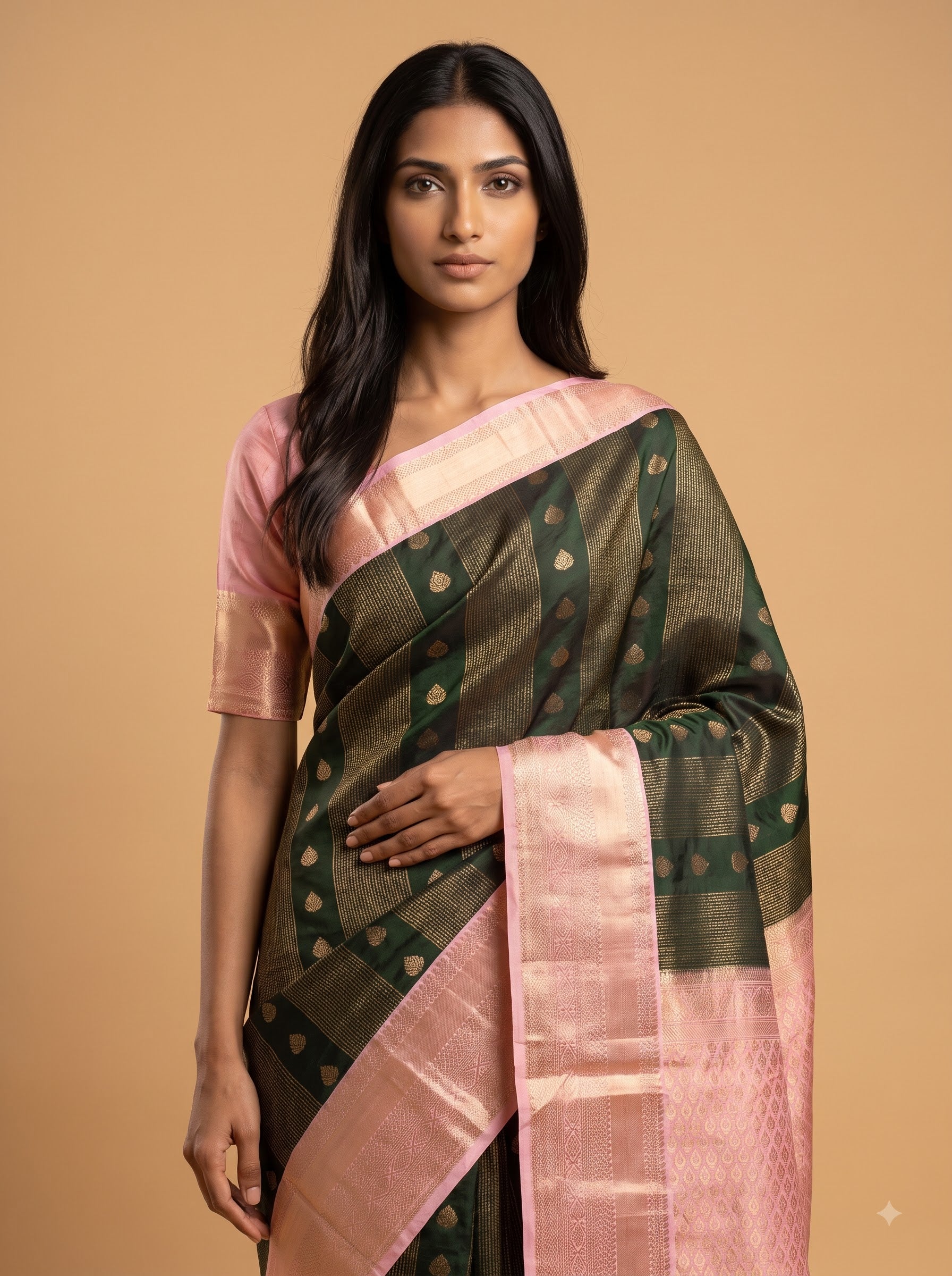 Bottle Green Semi Silk Saree with Pink Border