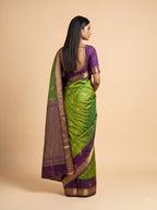 Parrot Green Kanjeevaram Silk Saree with Purple Gold Border