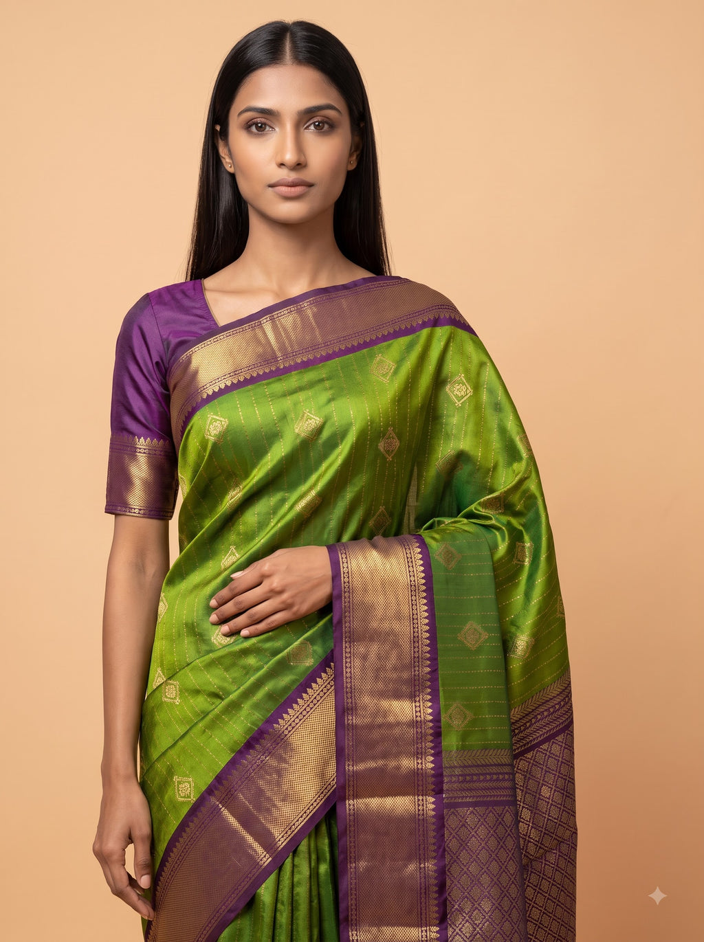 Parrot Green Kanjeevaram Silk Saree with Purple Gold Border