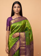 Parrot Green Kanjeevaram Silk Saree with Purple Gold Border