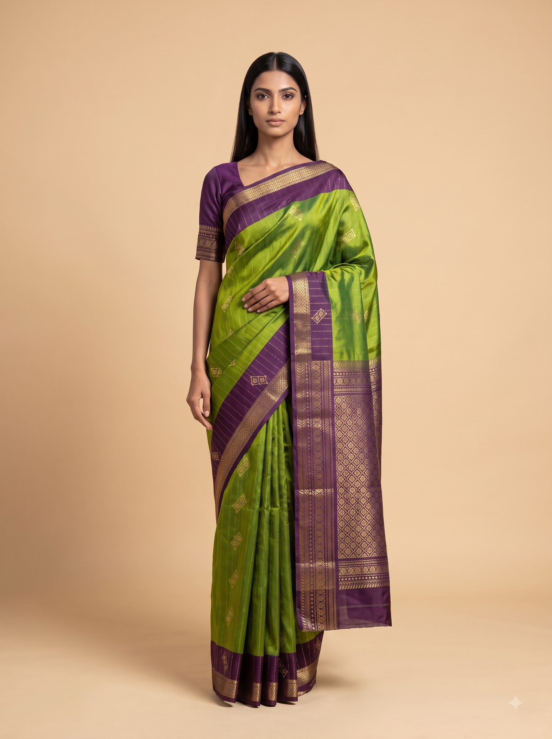 Parrot Green Kanjeevaram Silk Saree with Purple Gold Border
