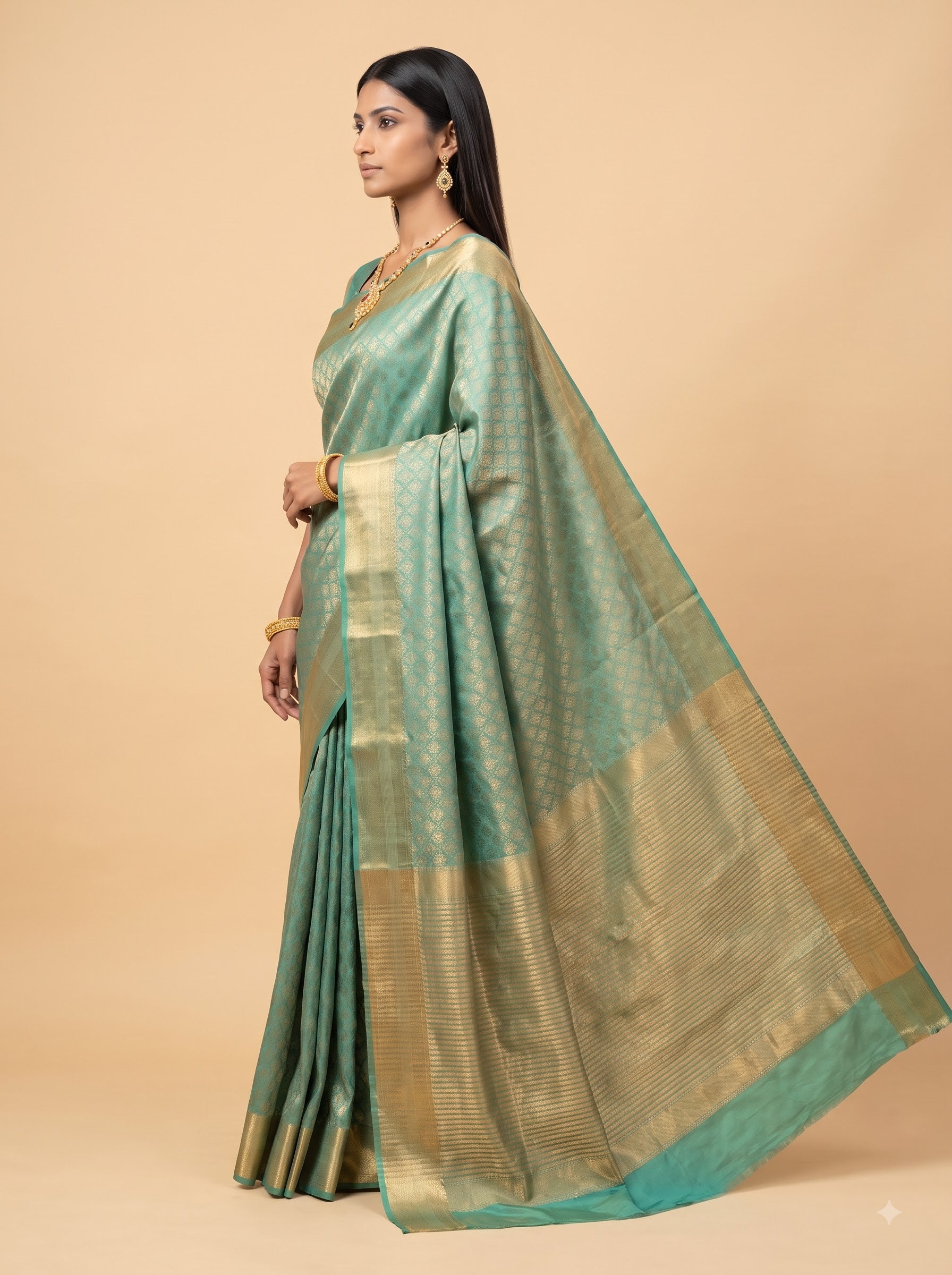 Sea Green & Gold Georgette Saree with Shimmer Zari Weave