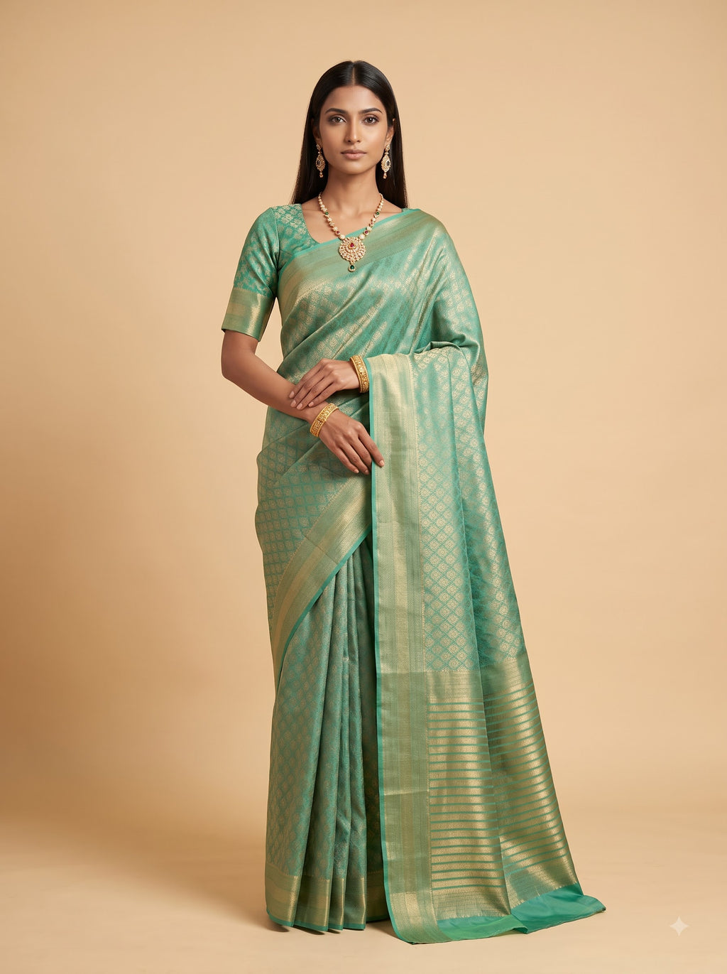 Sea Green & Gold Georgette Saree with Shimmer Zari Weave