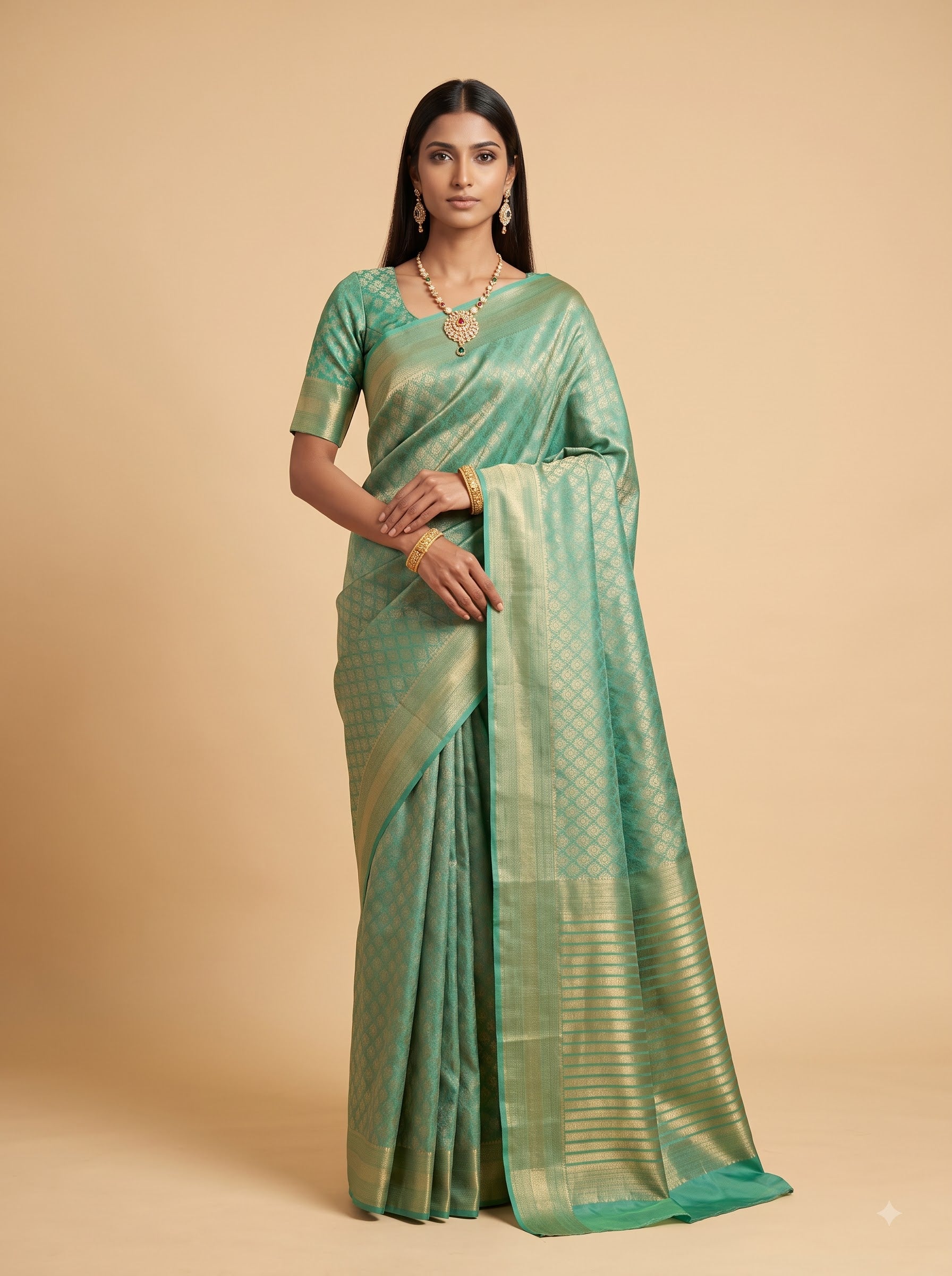 Sea Green & Gold Georgette Saree with Shimmer Zari Weave