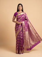 Pureple Brocade Silk with Silver Zari Design Big Border