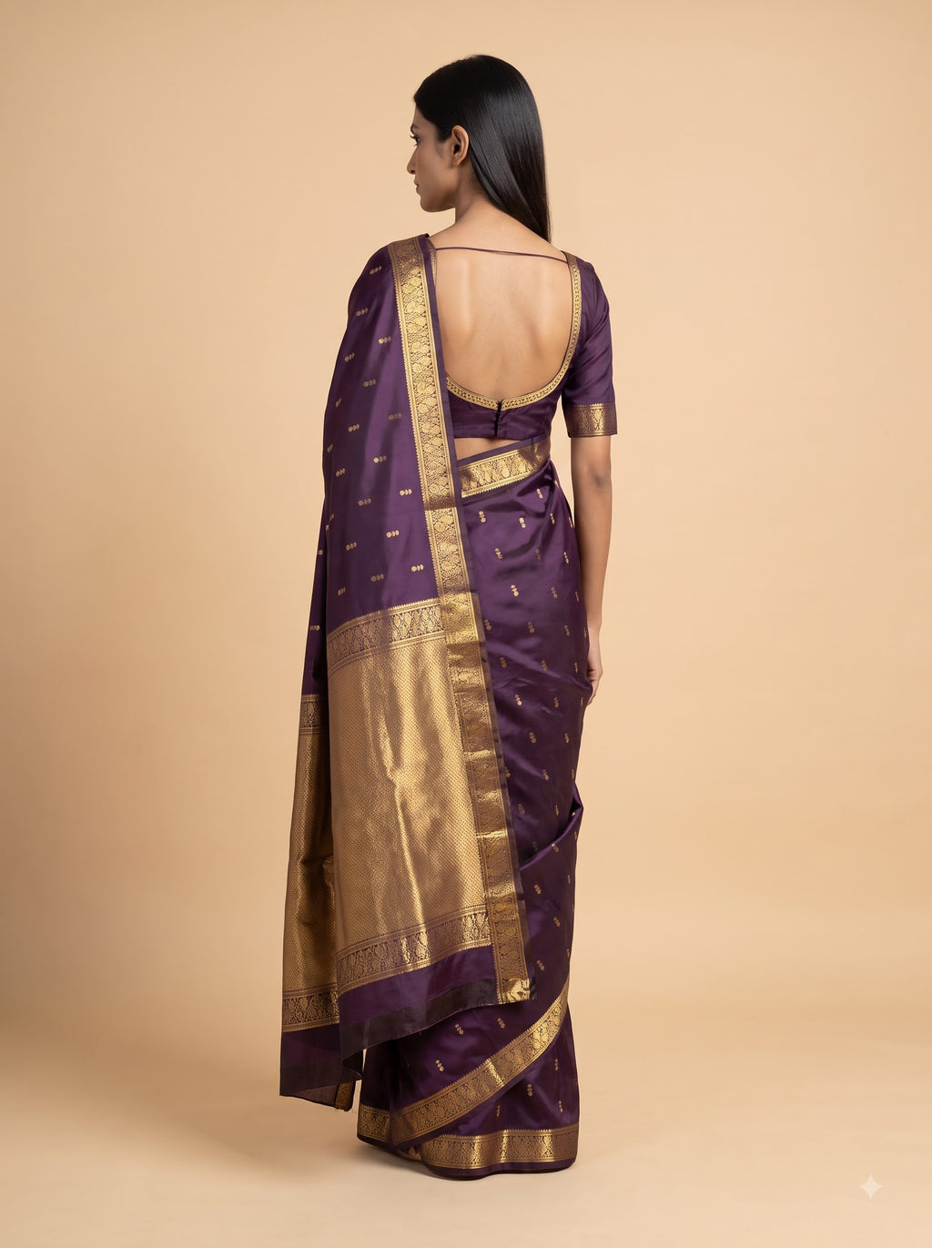 Plum Kanjeevaram Silk Saree with Antique gold Zari