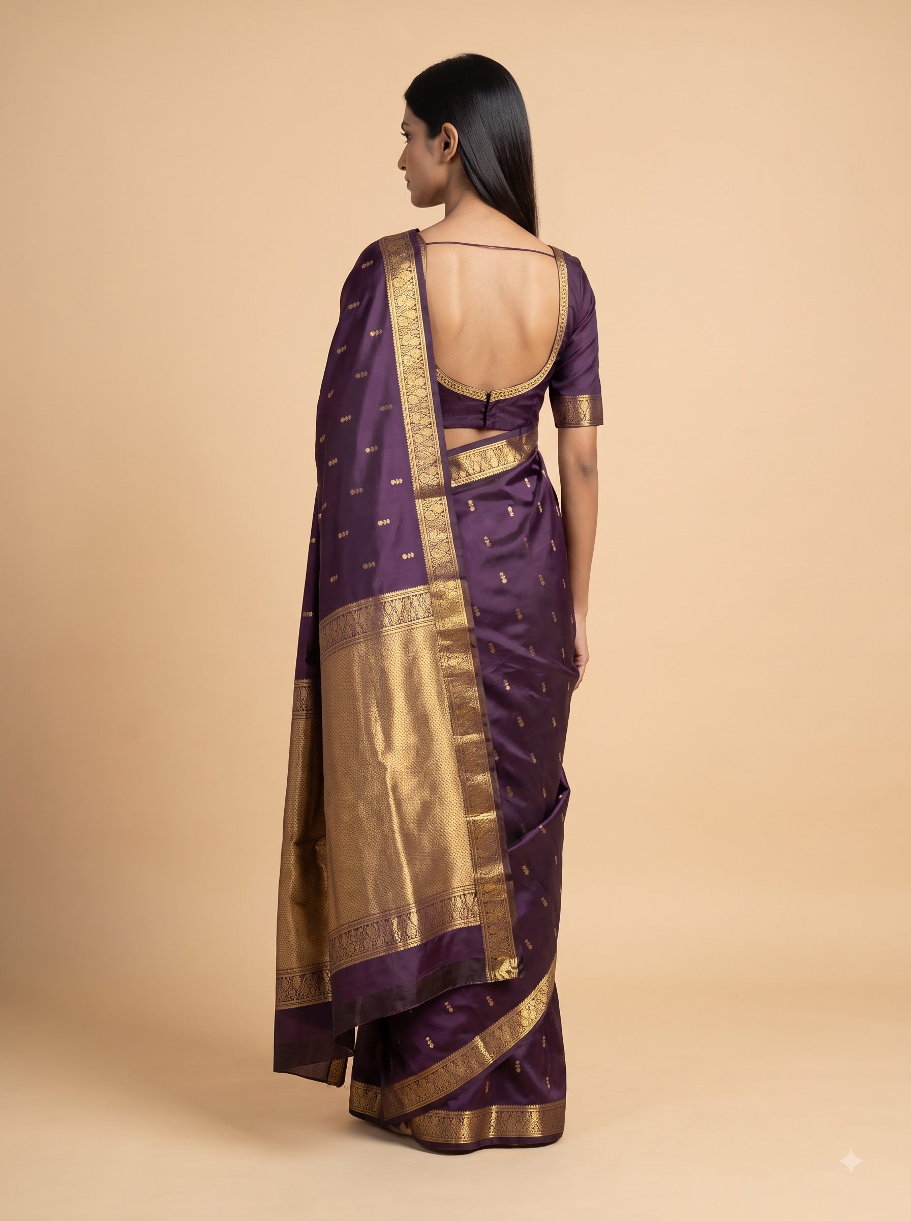 Plum Kanjeevaram Silk Saree with Antique gold Zari