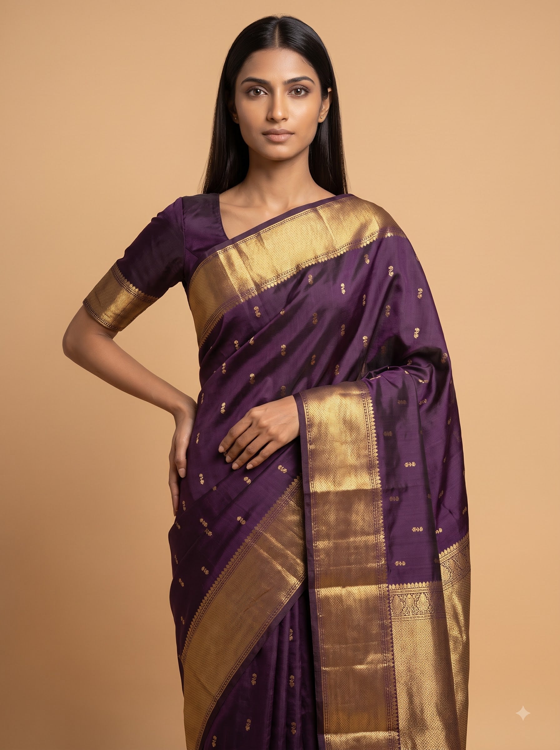 Plum Kanjeevaram Silk Saree with Antique gold Zari