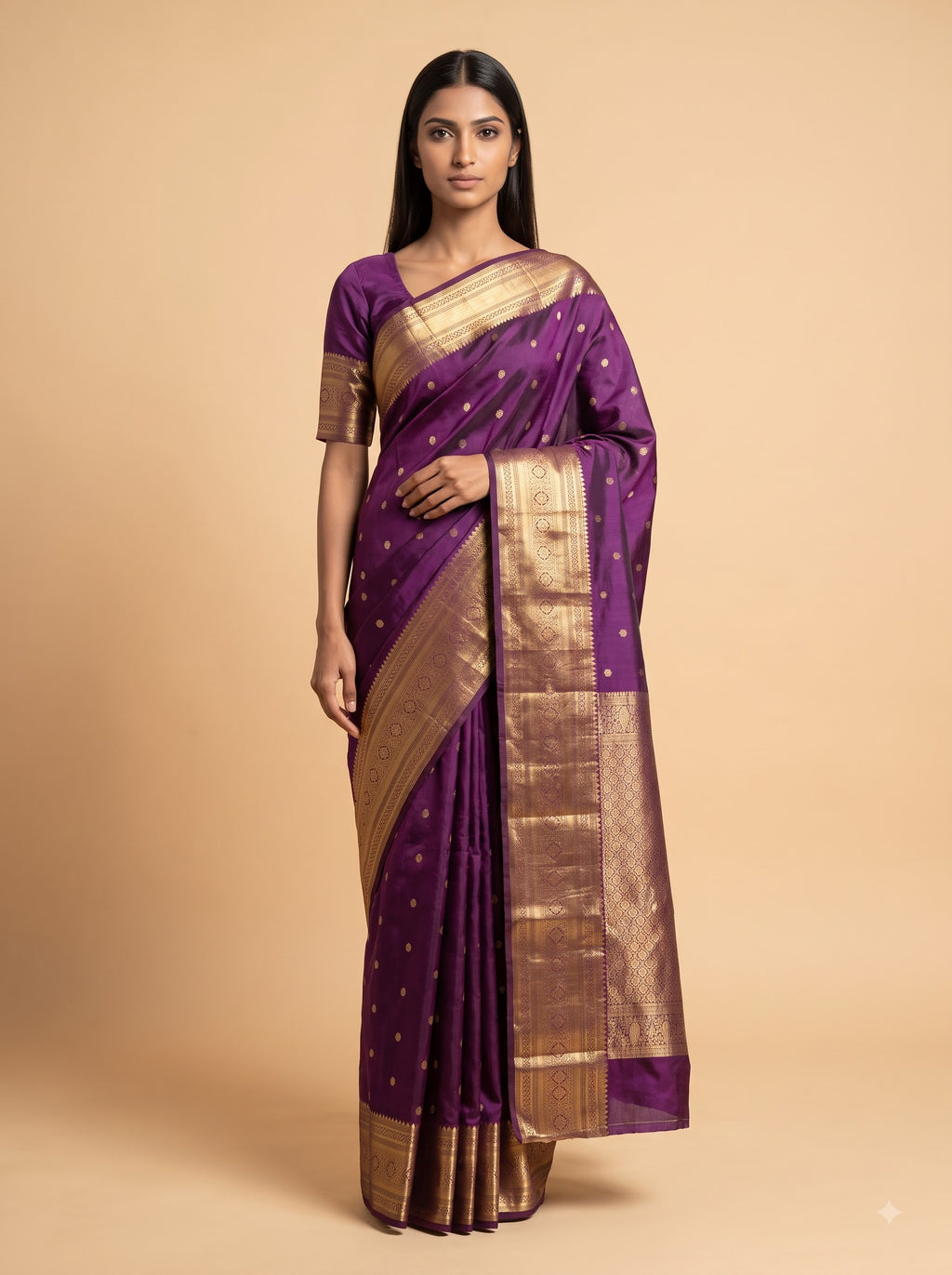 Plum Wine Kanjeevaram Silk Saree with Gold Zari Checks