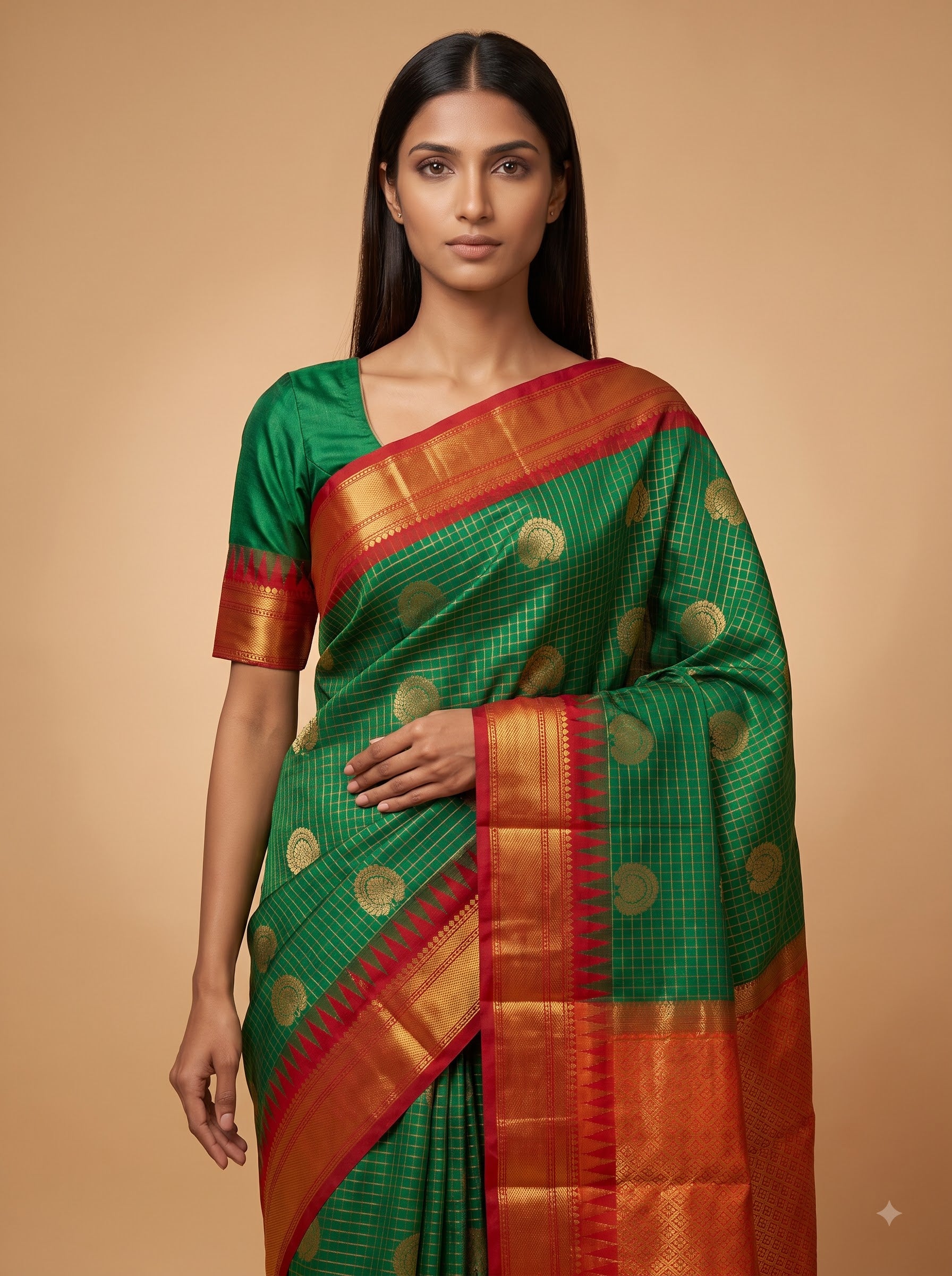Green Semi Silk with Red Border