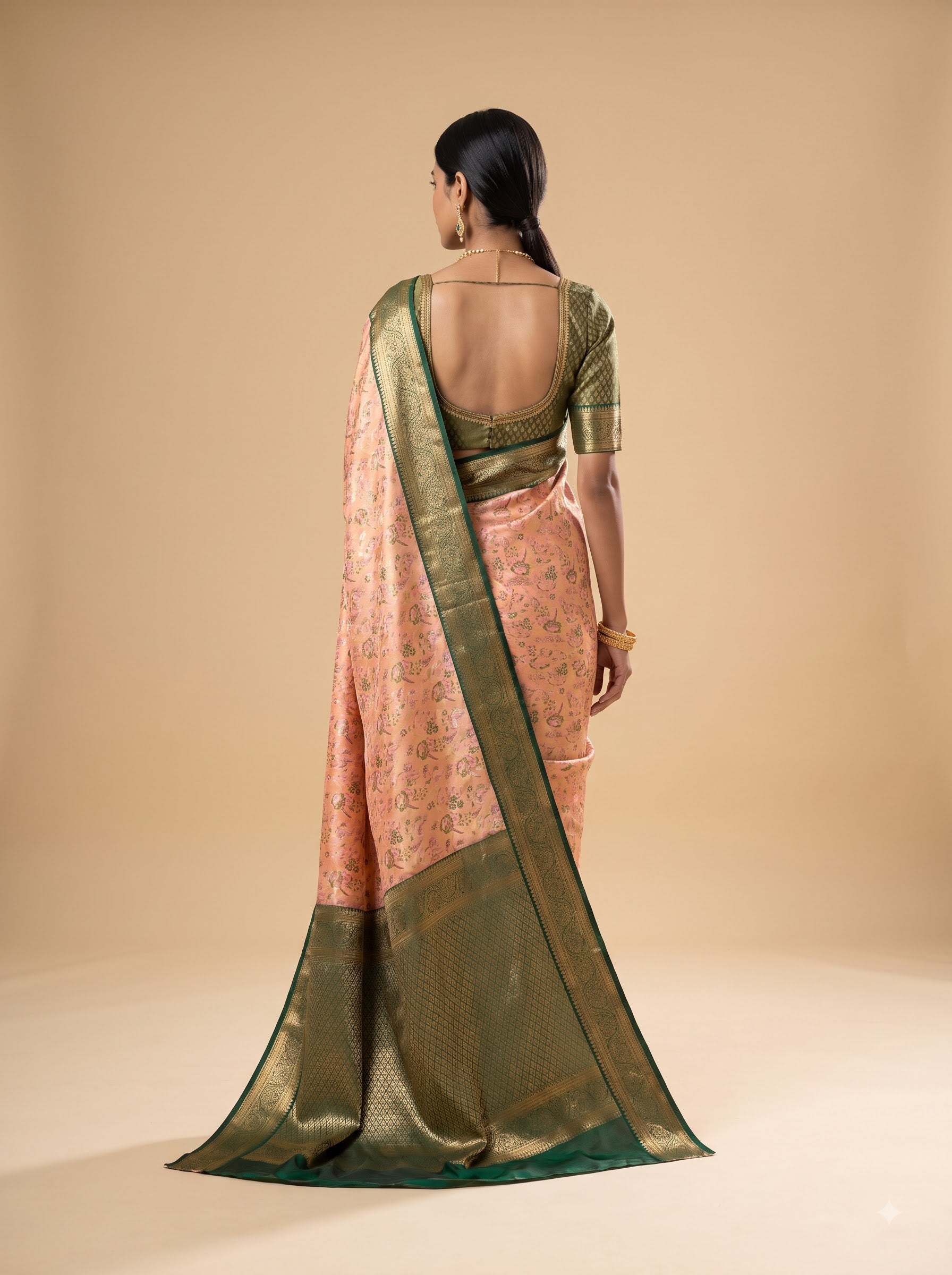 Dual Tone Cream & Yellow color Tissue Saree with Green Border