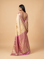 Beige Purple Peacock Silk Saree