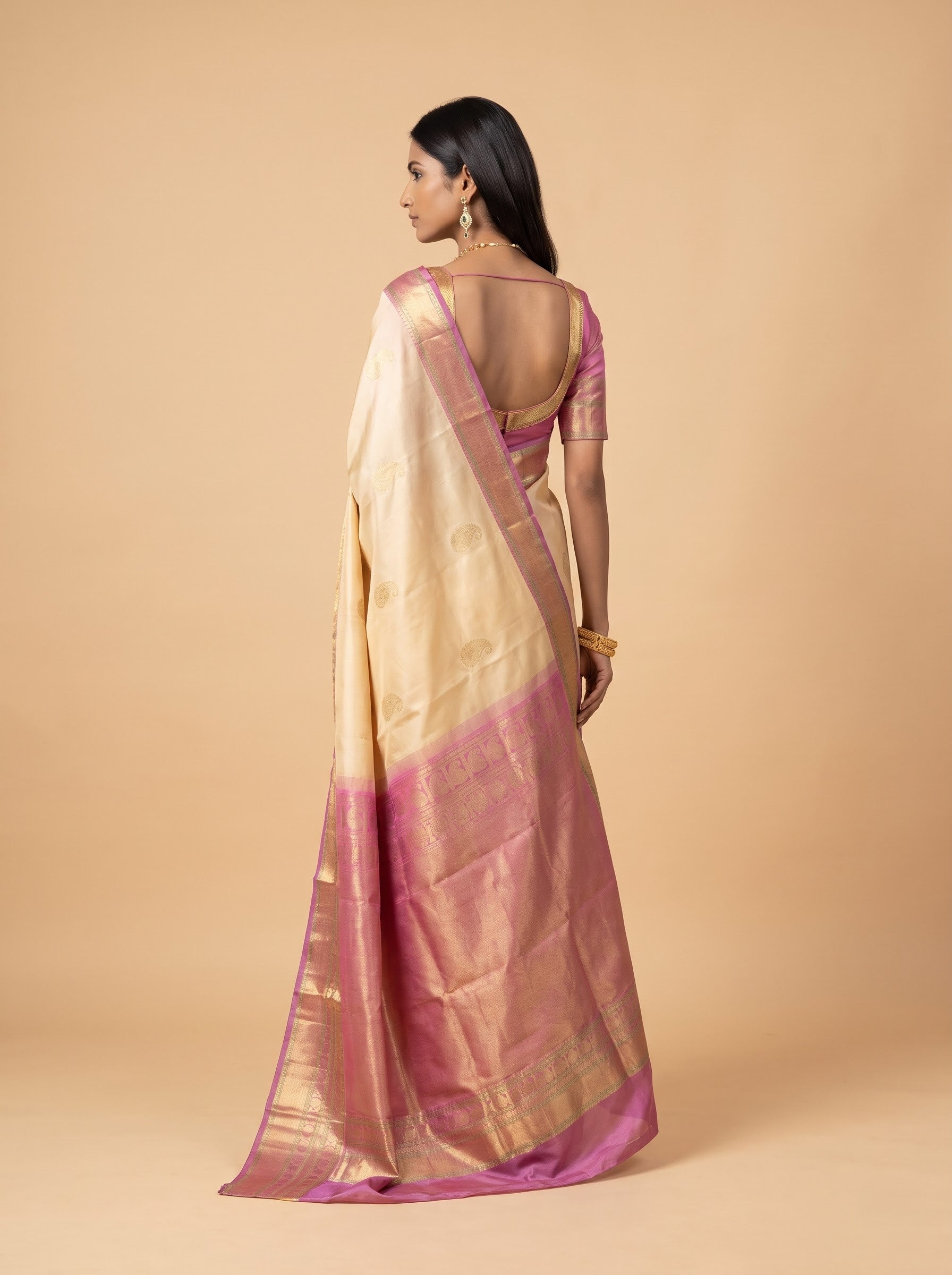 Beige Purple Peacock Silk Saree