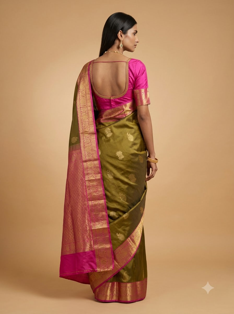 Dark Olive Kanjeevaram Silk Saree with Antique Gold Border