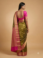 Dark Olive Kanjeevaram Silk Saree with Antique Gold Border
