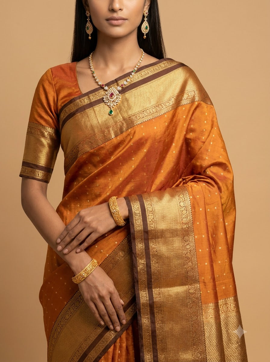 Rusty Copper Kanjeevaram Silk Saree with Gold Zari
