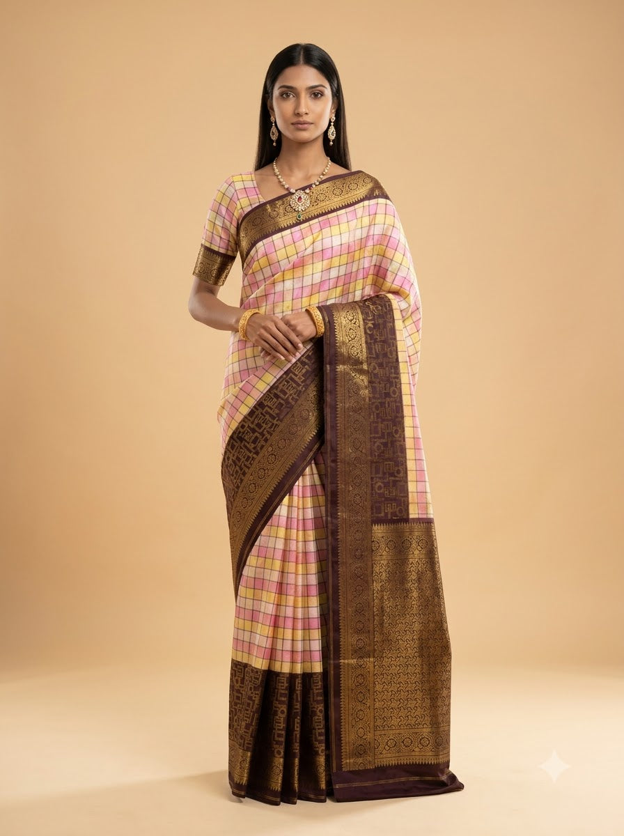 Multicolor Checks Celebrity Purple Silk Saree