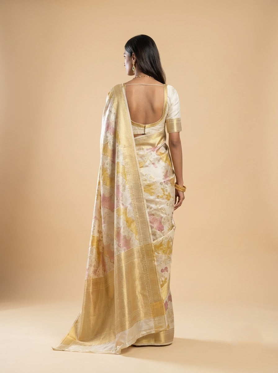 Cream Pure Kanjeevaram Tissue Silk Saree with Zari Jaal Pallu