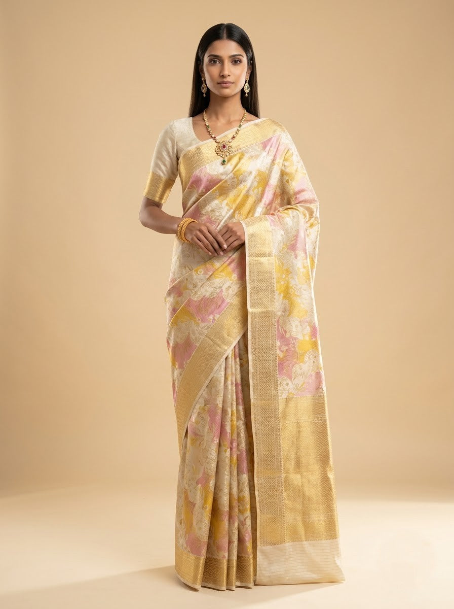 Cream Pure Kanjeevaram Tissue Silk Saree with Zari Jaal Pallu