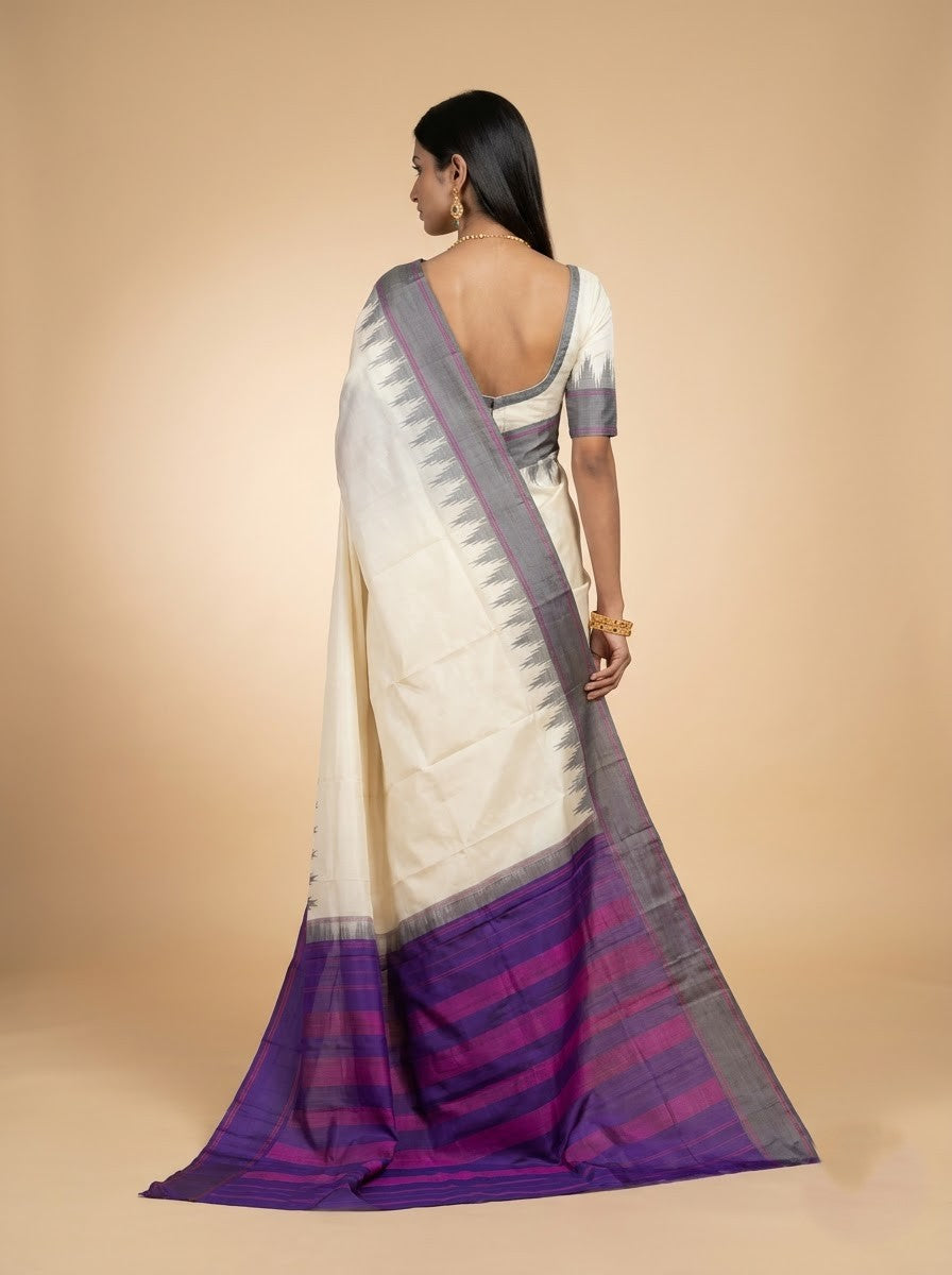 Cream & Purple Geometric Kanjeevaram Silk Saree