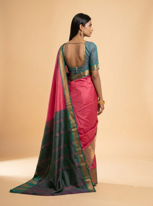Art Silk Magenta Saree with Chevron Zari Border & Paisley Pallu