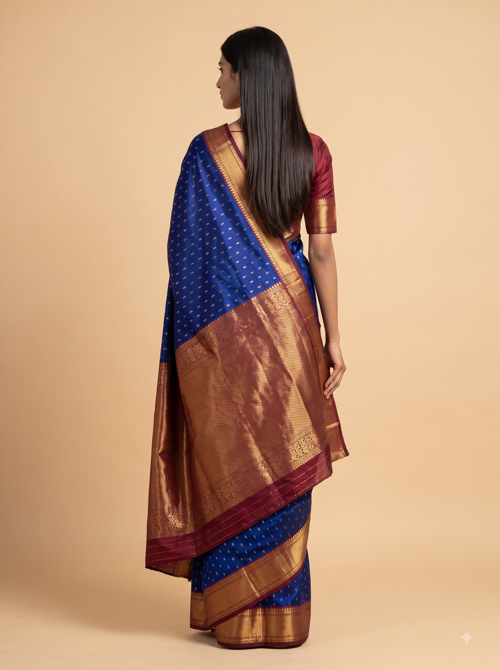 Royal Blue Kanjeevaram Silk Saree with Gold Zari Stripes & Wine-Burgundy Border