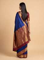 Royal Blue Kanjeevaram Silk Saree with Gold Zari Stripes & Wine-Burgundy Border
