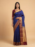Royal Blue Kanjeevaram Silk Saree with Gold Zari Stripes & Wine-Burgundy Border